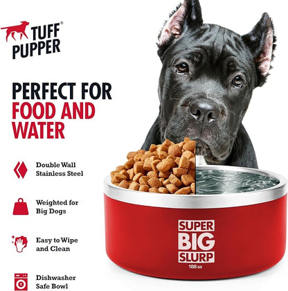 Tuff Pupper Heavy Duty Insulated Dog Bowl | Double Wall Stainless Steel Dog Food Dish | Non-Slip Spill Proof Dishwasher Safe Cat Bowl | Water Dish for Feeding Large Medium Small Pets (188oz, Red)