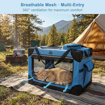 Ownpets Extra Large Cat Carrier for 2 Cats Small Dogs, 24 Inches Collapsible Soft Dog Crate for Car Travel, Portable Pet Carrier with Soft Mat, Blue | Foldable, Portable, 4-Doors, 4-Side Mesh Windows, Steel Frame Oxford Cloth, Soft Cushion Mat, Leash, ...