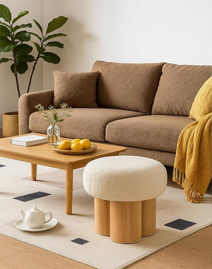 Round Foot Stool, Small Mushroom Ottoman Footstools Modern Pouf Boucle Ottoman, Teddy Foot Rest for Couch Sofa Comfy Floor Footrest Step Stool for Living Room,Bedroom,Desk,Office(Beige)