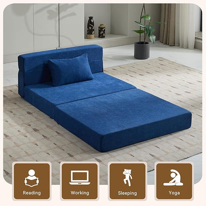 Folding Sofa Bed Convertible Floor Couch Foldable Chair Bed with Pillow，Linen Sleeper Chair Futon,Foldable Memory Foam Mattress for Bedroom/Living Room/Dorm/Office (Navy, Standard)