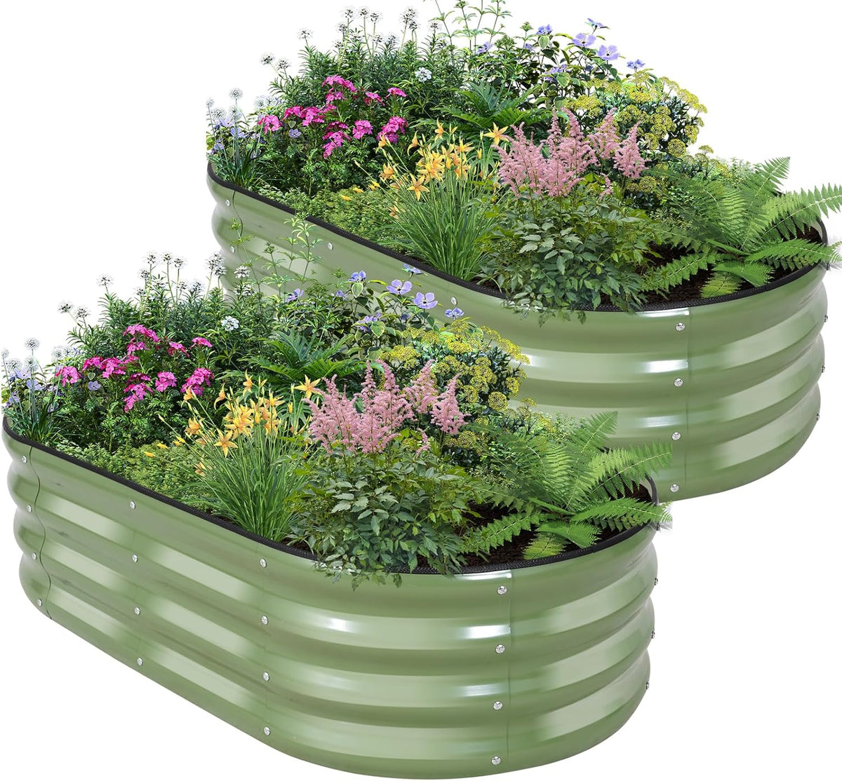 Galvanized Raised Garden Bed - 4×2×1ft (2 Packs) Planter Raised Beds for Gardening | Oval Metal Garden Planter Box with Safety Edging and Gloves for Vegetables Fruits and Flower OliveGreen