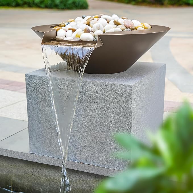 20" Round Garden Water Bowl, Stainless Steel Spilling Water Feature for Outdoor Ponds, and Other Landscaped Areas (Antique Brown Coated)