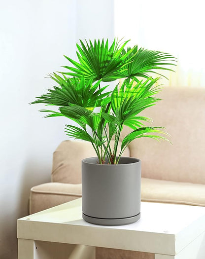 D'vine Dev 8 Inch Ceramic Planter Pot, Grey, 94-O-D-3 | Modern Cylinder Design, Drainage Hole & Saucer Included, Stable Structure, Elegant Home Accent