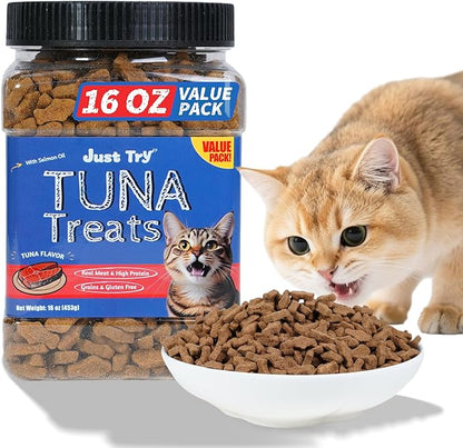 Just Try 16 OZ Tuna Cat Treats for Indoor Cats Training Treats with Real Tuna Omega-3 for Cats Joint Support & Skin Coat Health & Dental Care