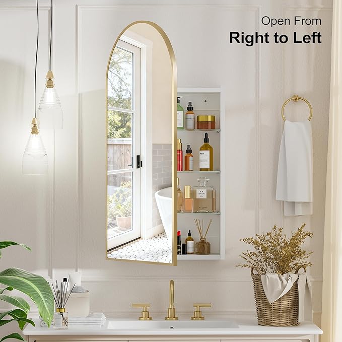 Arched Medicine Cabinet with Mirror, Brushed Gold Medicine Cabinet with Storage