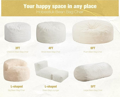 Hobestluk 5FT Bean Bag Chairs Adult Bean Bag with Portable Handle Comfy Large Bean Bag Lounge Chair with Removable Cover for Living Room Bedroom (Stripe White, 5FT)