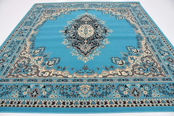 Unique Loom Reza Collection Traditional Persian Style Area Rug, 8' 0" x 8' 0", Turquoise/Ivory