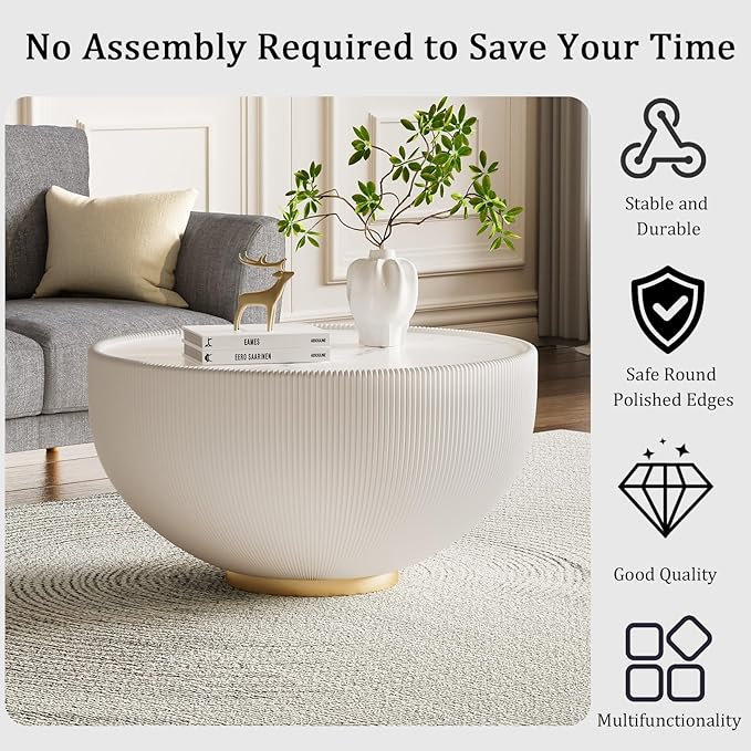 White Round Coffee Table with Sintered Stone Tabletop, 27.56" Drum Coffee Table with Fluted PU Leather Covered and Metal Base, Circle Cocktail Tea Table for Living Room