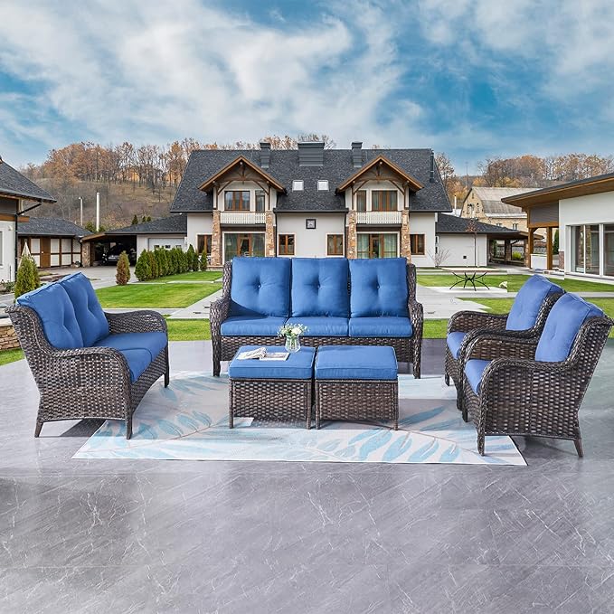 Rilyson Wicker Patio Furniture Set - 6 Piece Rattan Outdoor Sectional Conversation Sets with 1 Sofa,1 Loveseat,2 Armrest Chairs and 2 Ottomans for Porch Deck Garden(Brown/Blue)