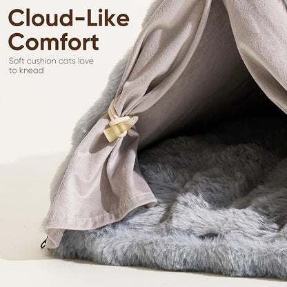 FUKUMARU Cat Cave Bed, Sturdy Frame Washable Cat Tent Bed with Curtain | Semi-Enclosed Cat Hideaway for Anxious Cats, Large Cozy Cat House for Indoor Cats, Soft Plush Covered Dog Bed, Grey