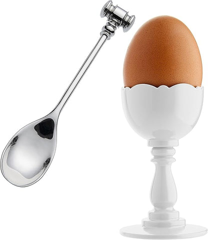 Alessi Dressed Egg Cup in Thermoplastic Resin and Spoon with Soft Boiled Egg Opener in 18/10 Stainless Steel Mirror Polished, White