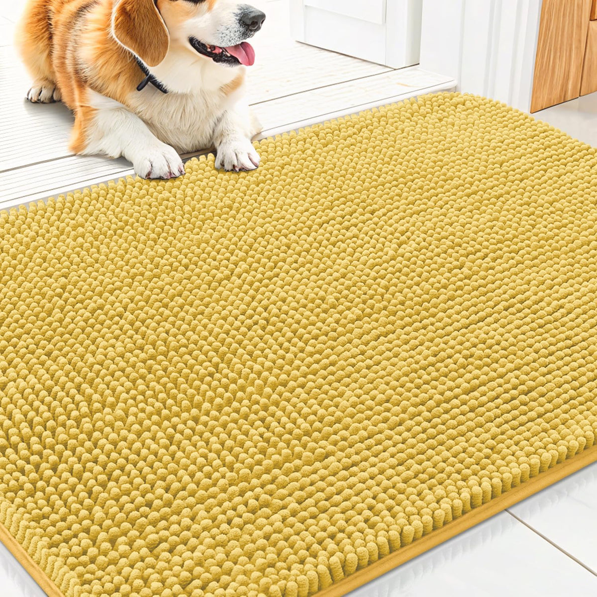 Smiry Dog Door Mat for Muddy Paws 30x20, Absorbs Moisture and Dirt Doormat, Non-Slip Washable Quick Dry Chenille Front Door Mat Indoor Entrance, Entryway Carpet for Inside Floor, Yellow