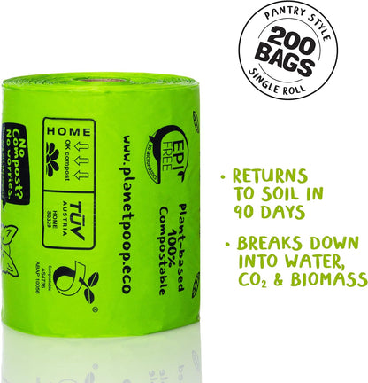 PLANET POOP Home Compostable Dog Poop Bags Extra Long with Handles | Large Single Roll 200 Grab & Go | Un-scented Dog Waste Bag | Leakproof Doggy & Cat Bags | Plant-Based Pet Supplies