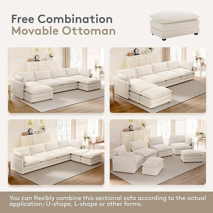 ROWHY 148'' Sectional Cloud Couch with 2 Ottomans, Oversized 4 Seat Sleeper Sofa with 2 Throw Pillows, Convertible Upholstered U Shaped Cozy Sofa Furniture Set for Living Room and Office, Beige