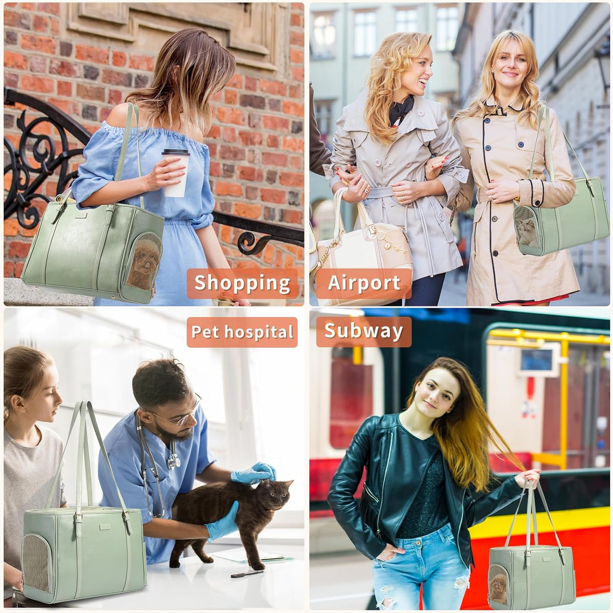 Fashion Dog Purse Pet Carrier Leather Bag for Small Dogs Cats Puppy, Portable Tote Bag Airline Approved Soft-Sided Carriers (Green)