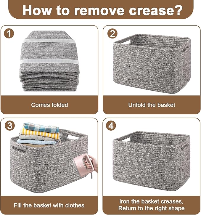 Storage Baskets for Organizing, Woven Decorative Baskets for Shelves - Books, Towels, and Clothes, Cotton Rope Toy Storage Bins, 12.7''Lx9''Wx7.8''H, Pack of 4, Grey