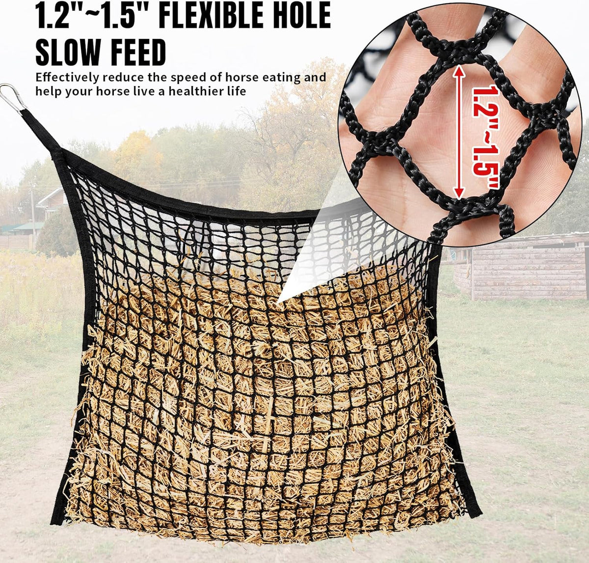 4 PCS Slow Feed Hay Net for Horses, Large Capacity Hay Bags for Horses Goats Sheep Donkey Trailer Full Day Feeding, Easy to Fill and Hang, Black, 35 x 31 Inch