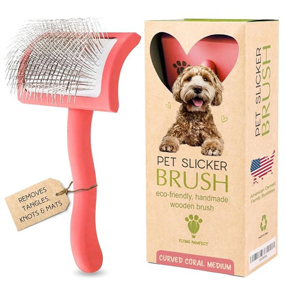 Slicker Brush for Dogs - Long Pin for Poodles, Doodles & Long Haired Dogs, Deshedding & Dematting Tool, Slicker Dog Brushes for Grooming (Coral, Curved Medium)
