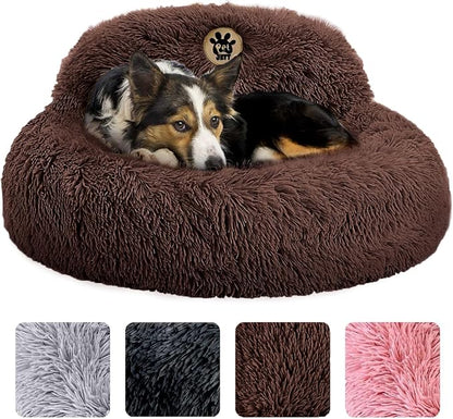 PetJett Calming Dog Bed Medium Size Dog - 30'' Donut Bed, Anti-Slip & Washable Super Soft Fluffy Plush Round Bed, Anti-Anxiety Premium Comfort Pet Bed, Fits Dogs up to 45 lbs - Brown