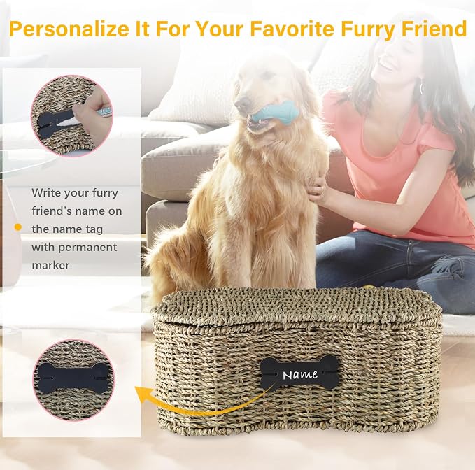 Seagrass Wicker Baskets for Dog Toys,Bone Shaped Dog Toy Bin with Lid,Personalized Dog Toy Organizer Boxes for Living Room,Farmhouse Handmade Pet Dog Storage,Dog Stuff Organizer
