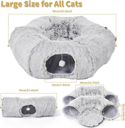 Cat Tunnels Bed with 1 Straight Tunnel and 20 Pet Toys - 5 Shapes DIY Indoor Cats Cave - Detachable Soft Cat Donut for Kitten Puppy Rabbit Ferret