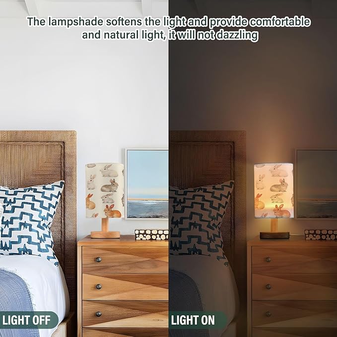 Rabbits LED Table Lamp for Bedroom Bedside Lamp with USB Charging Ports Decor Nightstand for Living Room Reading Dorm Desk Home Office