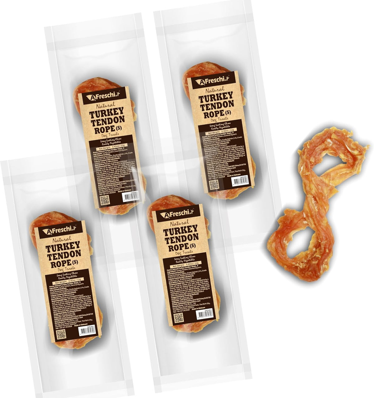 Afreschi Natural Turkey Tendon Rope (S) Pack of 4, Dog Treats for Signature Series, All Natural Human Grade Puppy Chew, USA-Sourced Turkey Tendon, Hypoallergenic, Rawhide Alternative