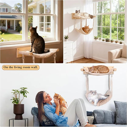 JSPYFITS Wooden Cat Furniture Wall Mounted, Double Layer Hammock, Large Size 18.9″ Removable Multi-Function Cat Bed for Sleep/Play/Climb, Kitten Window Perch, Easy DIY Installation(Beige)