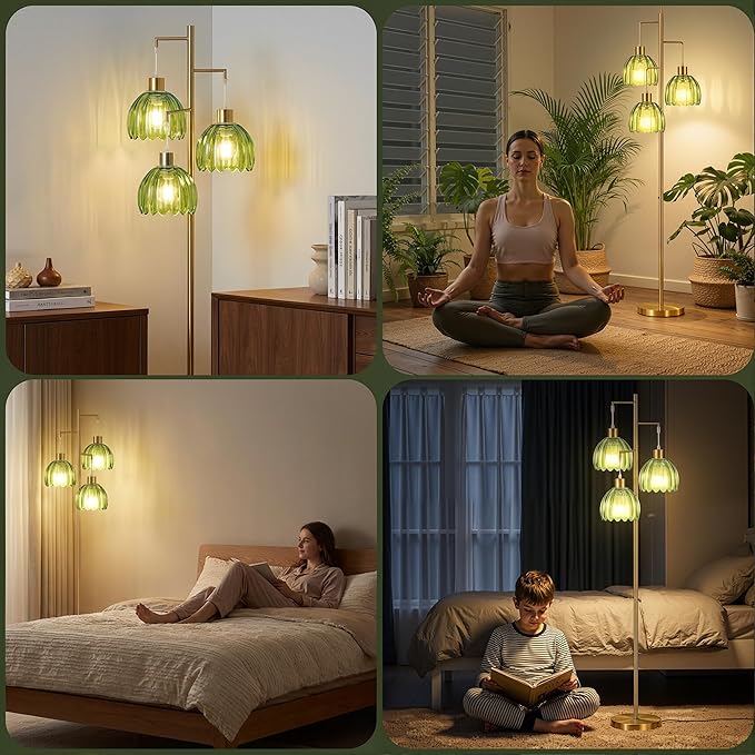 COTTHOS Gold Floor Lamp for Living Room, Modern Standing Lamp Brass Glass Green Tree 3 Light Tall Floor Lamps for Bedroom & 800 Lumens LED Bulbs, Vintage Flower Lamp Shade Farmhouse Boho Bohemian