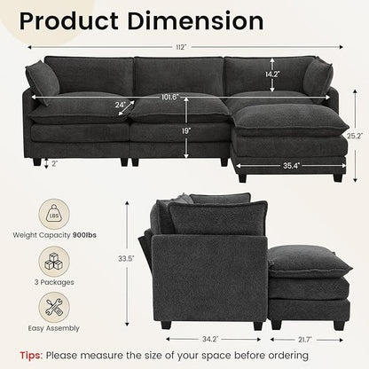 ROWHY Oversized Modular Sectional Couch with Movable Ottoman, 112" Modern Convertible L Shaped Sofa Set, 4 Seat Comfy Cloud Couch with 2 Throw Pillows, for Living Room, Chenille, Charcoal Grey