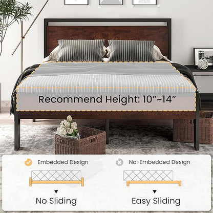 SHA CERLIN 14 Inch Full Size Metal Platform Bed Frame with Wooden Headboard and Footboard, Mattress Foundation, No Box Spring Needed, Large Under Bed Storage, Non-Slip Without Noise, Mahogany