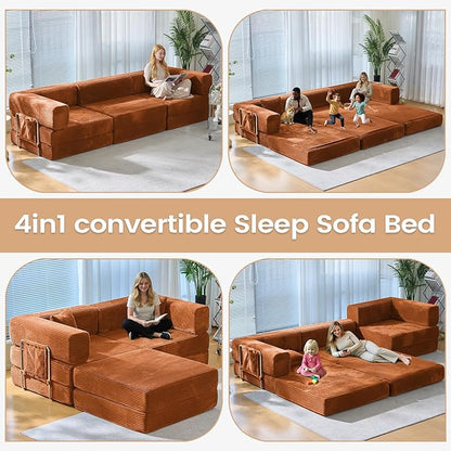 Folding Sofa Bed Convertable Corduroy Couch King Size Floor Sleeper 4-in-1 DIY Combination Modular Sofa Fold Out Futon Lounge Comfy Foldable Lazy cama for Living Room (Orange)