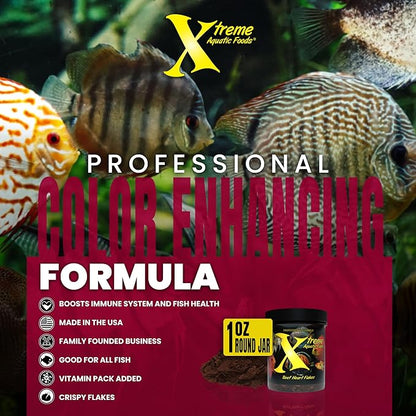Xtreme Beef Heart Flakes - High Protein, Nutrient-Dense for Tropical & Freshwater Fish, Supports Growth, Color Enhancement, Easy Digestion - Ideal for Discus and Cichlids (1oz)