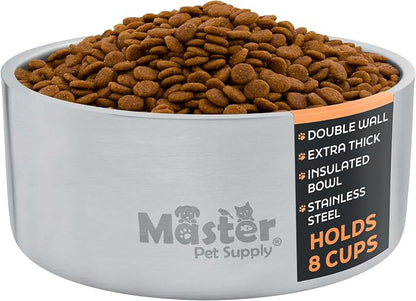 Master Pet Supply Stainless Steel Dog Bowls - 64 oz, Heavy Duty - Stainless Steel, Double Wall Extra-Thick Insulated, Non-Slip Pet Water Bowl for Dogs, Cats & Pets, Anti Rust Metal, Dish Washer Safe