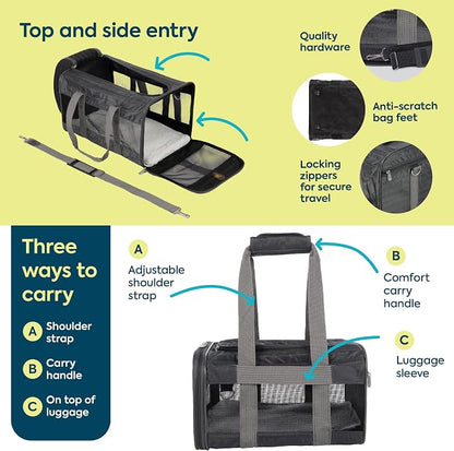 Sherpa Pet Carrier Airline Approved with Spring Wire Frame - Cat Carrier and Dog Carriers for Airline Travel and Vet Visits, Mesh Ventilation, Locking Zippers - Charcoal Grey, Large