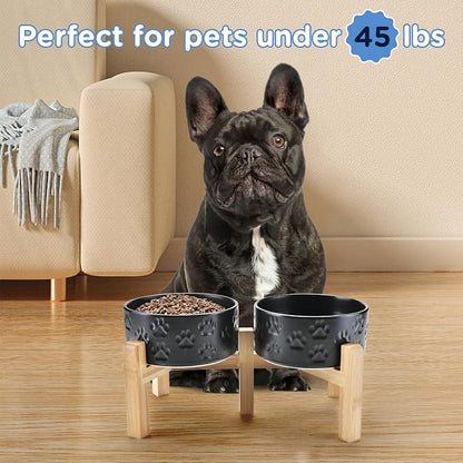 SPUNKYJUNKY Elevated Dog Bowls Ceramic, 6.1'' Dogs and Cat Food Water Bowls Raised with Non-Slip Bamboo Stand for Medium Sized Breed Microwave Dishwasher Safe - 28.7 OZ,Paw Black