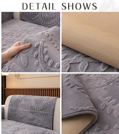 Grey Fuzzy Rabbit Plush Sofa Cover Cozy Warm Sofa Couch Covers with 3D Jacquard Leaf Pattern Non-Slip Easy-to-Install Shaggy Sofa Slipcover Prefect for Kids Dogs Cats Cats(Grey,36"x82")