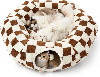 Lesure Donut Cute Jacquard Large Cat Tunnel Bed Kitten Toys for Dog Bunny | 39.5x39.5x10in,Round Large Cat Bed Tube for Multi Kittens,Pet Peekaboo Cave Toy,Spiral Hideaway,Washable Cushion,Brown Checks