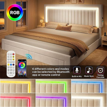 DWVO King Size Bed Frame with Adjustable Headboard, 4 Storage Drawers and RGB LED Lights, Velvet Upholstered Platform Bed with USB Ports, No Box Spring Needed, Fast Assembly, Noise-Free, White