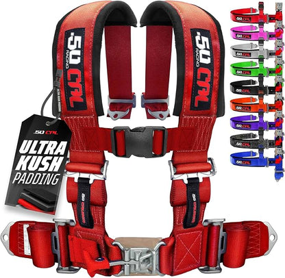 1pc 50 Cal Red 4 Point Harness 2" straps, Racing Harness Seat Belt | Ultra Kush padding, Push Button quick release hardware. Universal Fit for UTV, RZR, race car