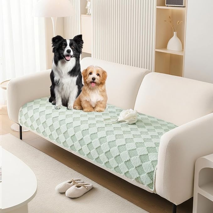 HANDONTIME Non-Slip Pet Couch Cover Washable, Plush Faux Fur Couch Protector for Cushion Pet-Friendly Sofa Covers for Dogs, Checkered Diamond Sectional Covers Dog Mat for Sofa (Green, 35.6" x 70.9")