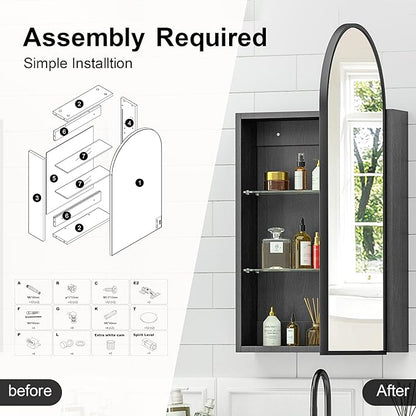 Arched Medicine Cabinet with Mirror, Brushed Black Wall Mounted Bathroom Mirror