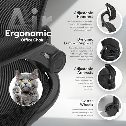 Oline ErgoAir Ergonomic Office Chair – Adjustable Lumbar Support, Flip-Up Armrests, Mesh Computer Desk Chair, Swivel Rolling Executive Gaming Chair for Home & Office (Black)