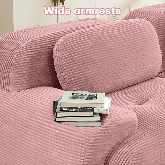 152" Modern Compressed Boneless Couch, 4 Seater Sectional Couches for Living Room, Pink Corduroy Cloud Modular Sectional Sofa, Comfy Memory Foam, Extra Deep, Sofas para Sala, No Assembly