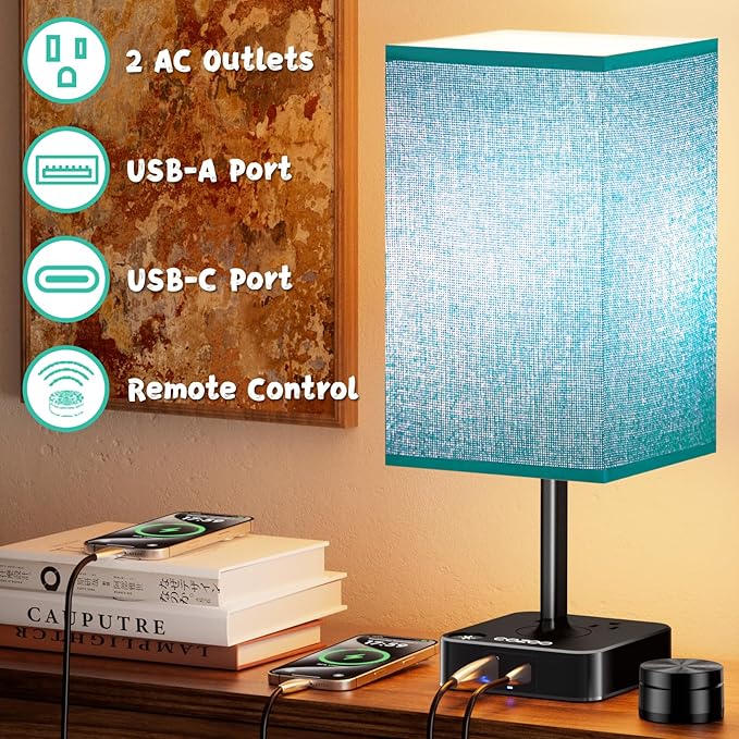 Nightstand Lamp & USB C+A Fast Charging Station: Modern Bedside Table Lamp with Remote & Touch Control, Warm Dimmable Light for Bedroom Nursery, Living Room End Tables, Home Office Desk | Green Shade