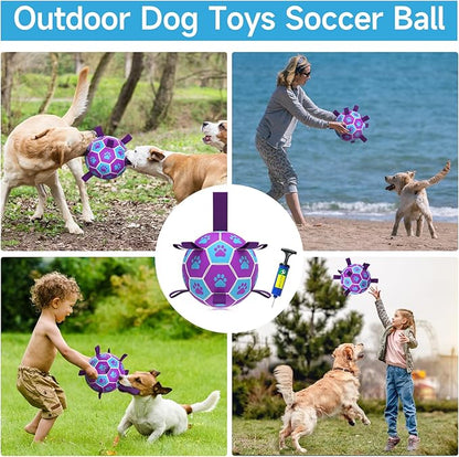 QDAN Dog Toys Soccer Ball - Durable Dog Balls with Strap for Medium Small Dogs, Puppy Birthday Gifts, Dog Tug Toy for Tug of War (8 Inch)