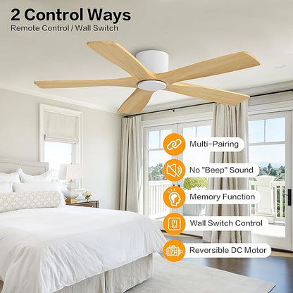WINGBO 54" Flush Mount DC Ceiling Fans Without Lights, 5 Carved Solid Wood