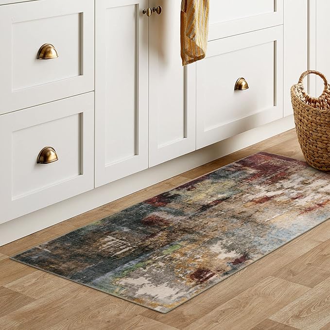 Lahome Modern Abstract Bathroom Runner Rug, 2x4.3 Red Entryway Carpet Runner Rugs with Rubber Backing, Soft Washable Non Slip Laundry Room Rugs and Mats for Bedroom Door Foyer Kitchen Hallway