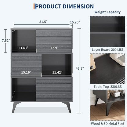 IDEALHOUSE Fluted Cabinet with Sliding Doors, Modern Wooden Storage Cabinet