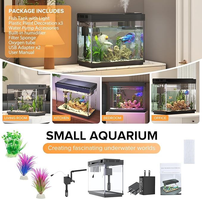 Vehipa Fish Tank, 2.4 Gallon Fish Aquarium, Fish Tank Starter kit with Smart Humidifier, Temperature Display, 7-Color Lighting, 3 in 1 Quiet Pump with Filteration & Oxygenation & Circulation